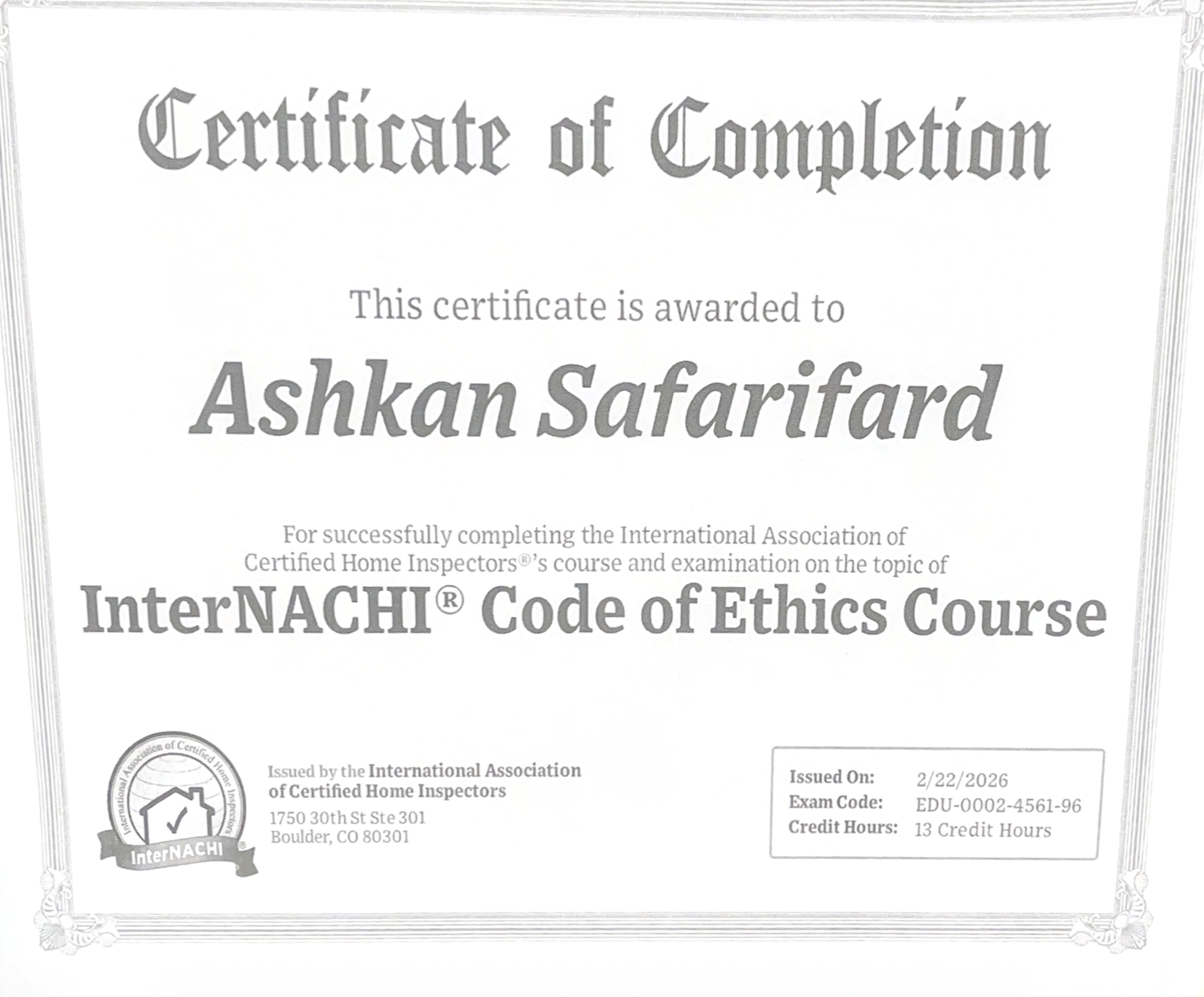 InterNACHI CPI Certificate